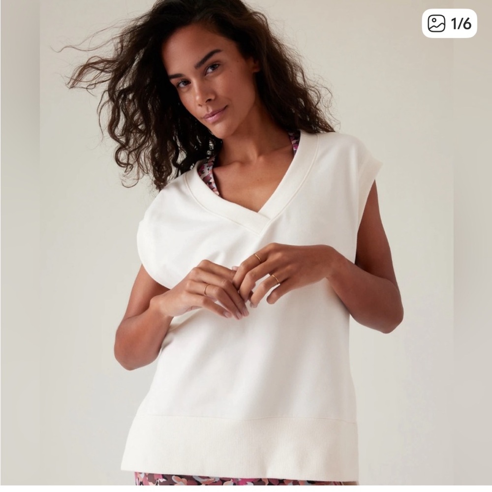 ATHLETA Retroterry V-Neck Sweatshirt Tee Sweater Vest Ivory Cream Size M NWT